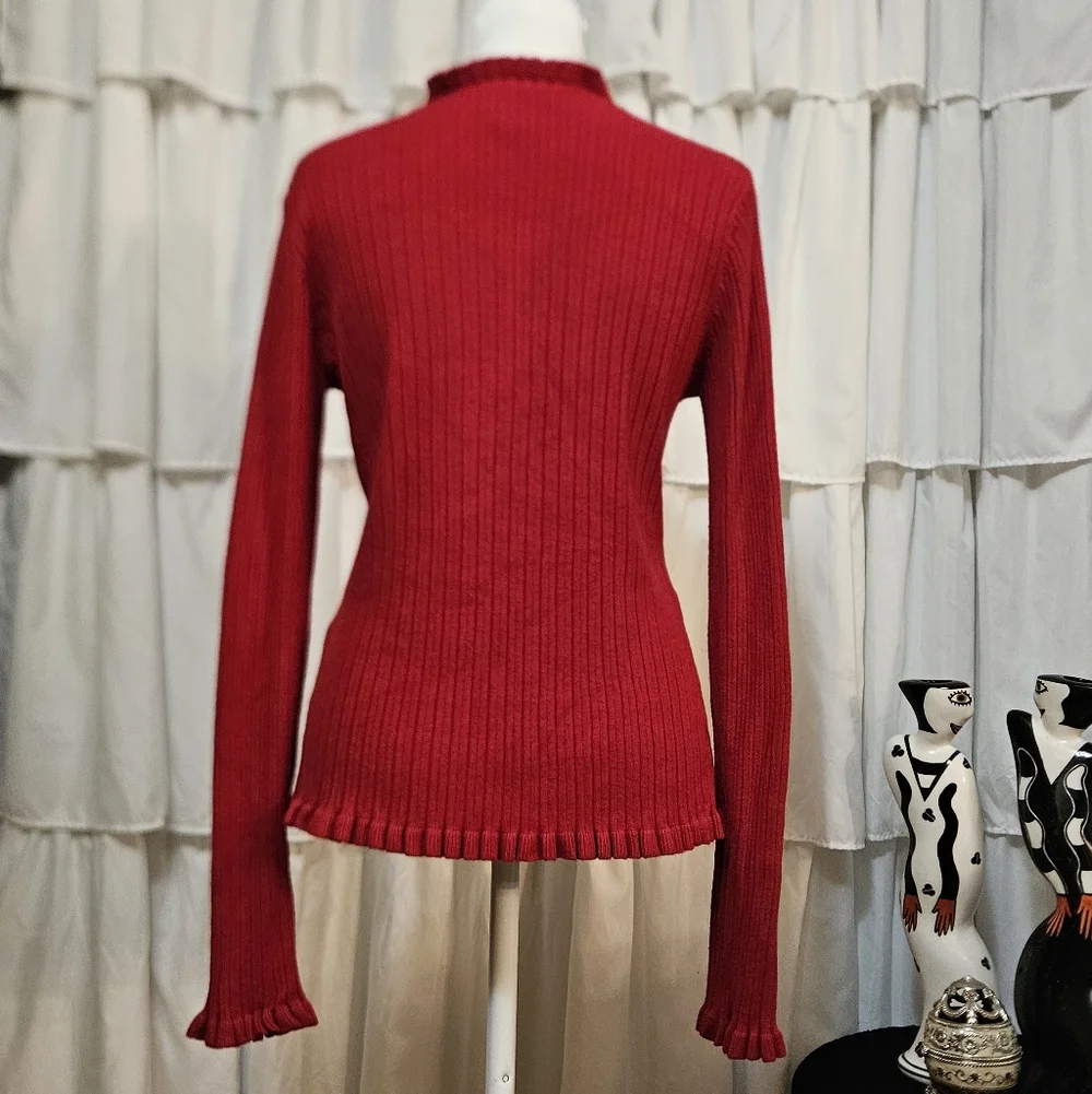 Chic Red Ribbed Ruffle Cardigan Sweater - Picture 4 of 5